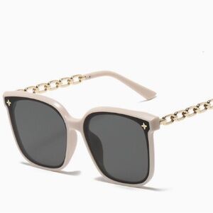 Beige Frame Sunglasses with Gold Chain Arms - Women's